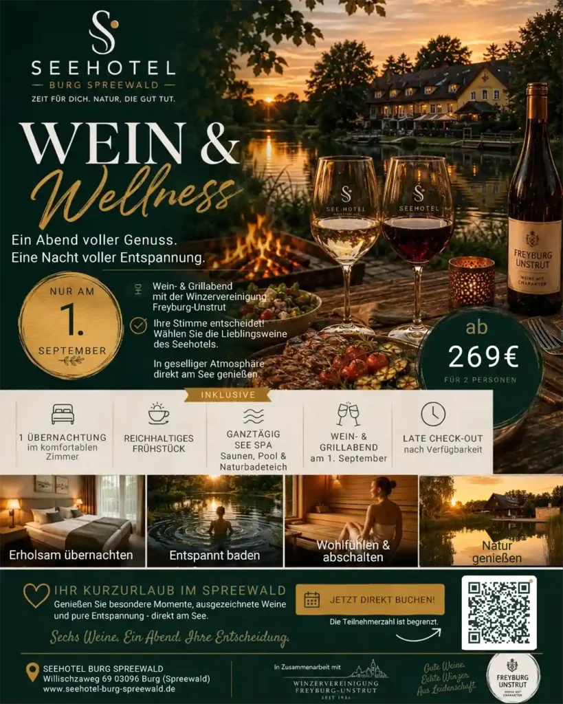 Seehotel Burg, Veranstaltungsplakat 01.09.2026, Wellness und Wein