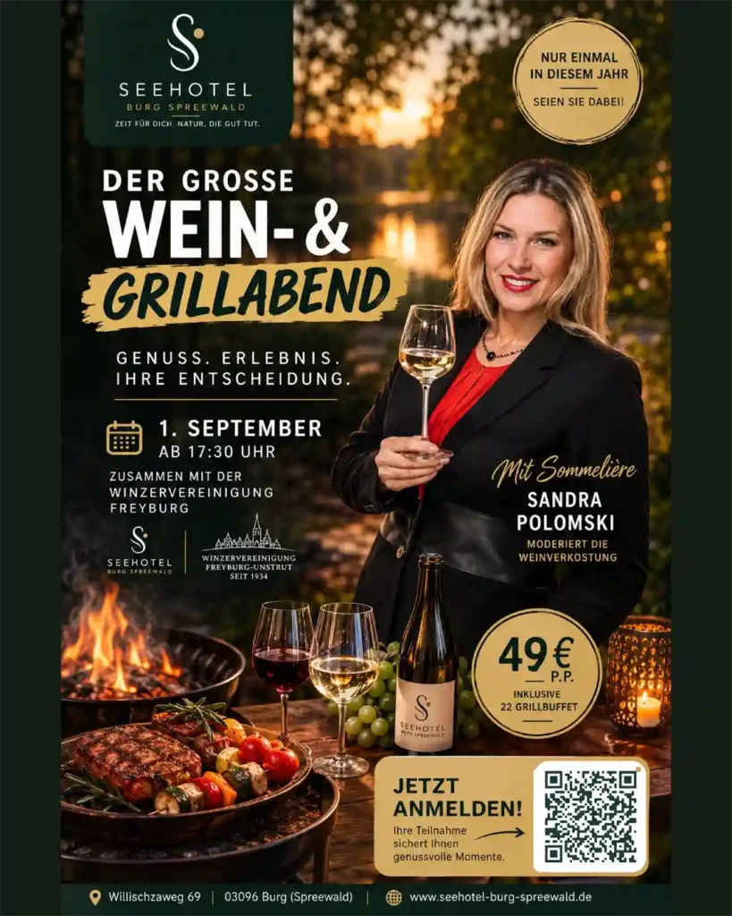 Seehotel Burg, Veranstaltungsplakat 01.09.2026, Wein und Grillabend